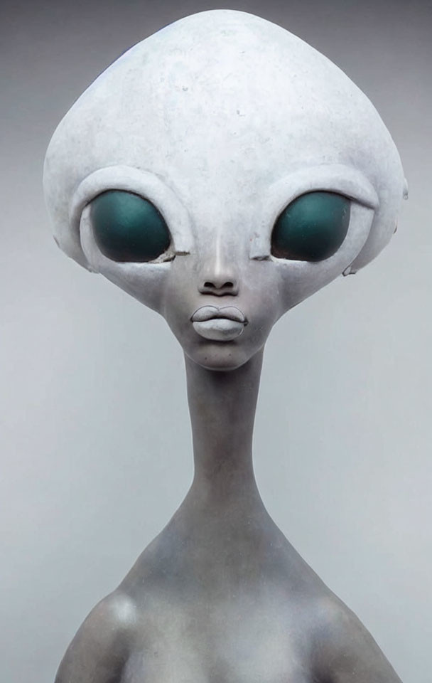 Alien sculpture with large oval eyes and slender neck on gray background