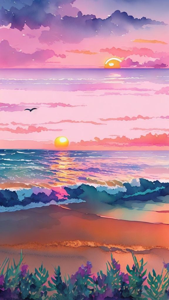 Colorful digital beach sunset art with sun, waves, and foliage.