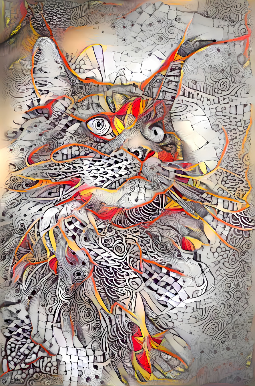 cat, black and white doodle art, orange, yellow