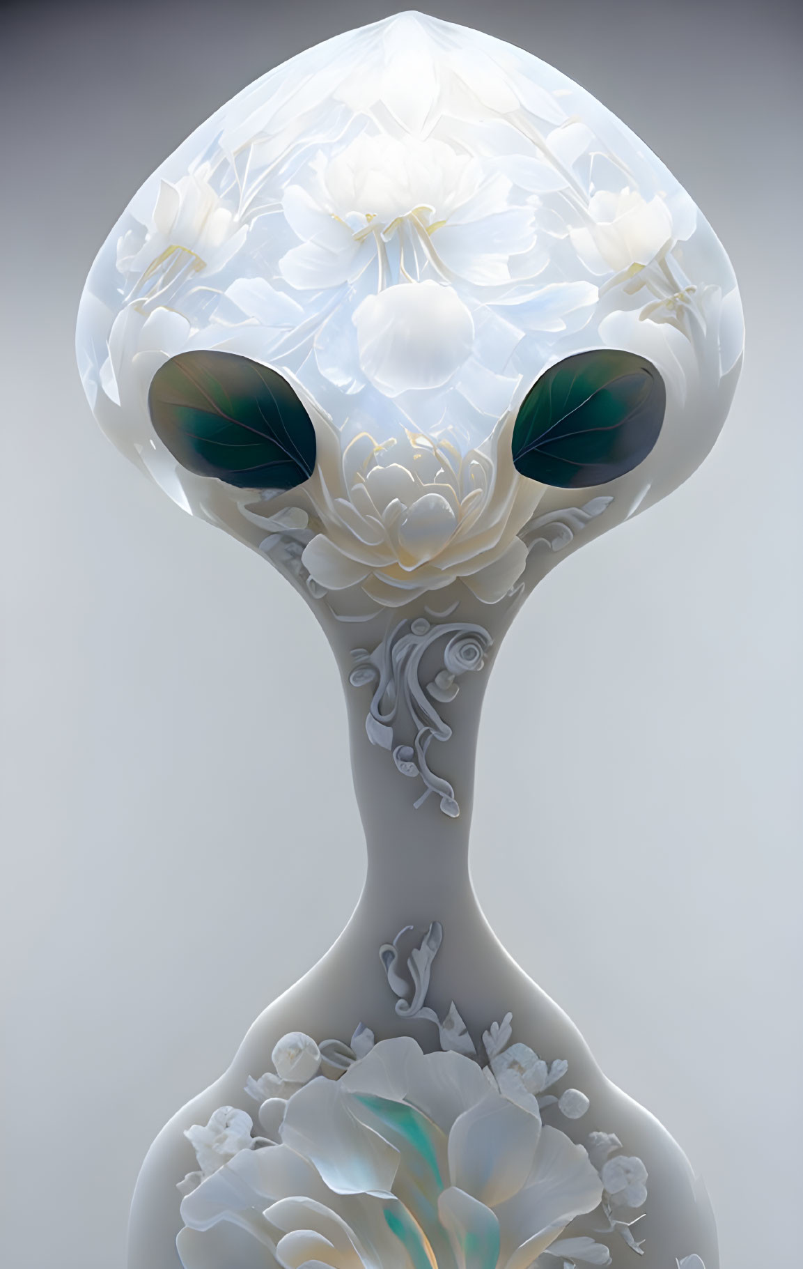 Translucent-headed alien with white floral patterns on grey background