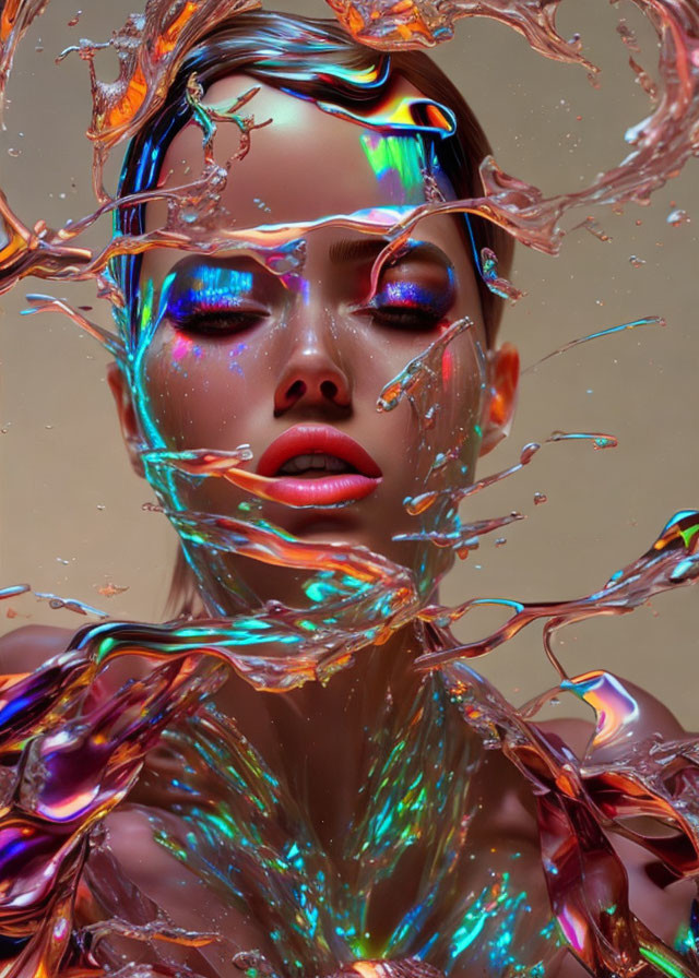 Iridescent liquid swirls around woman's face with closed eyes