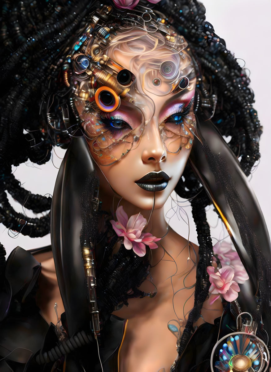 Female Android with Cybernetic Features and Floral Accents