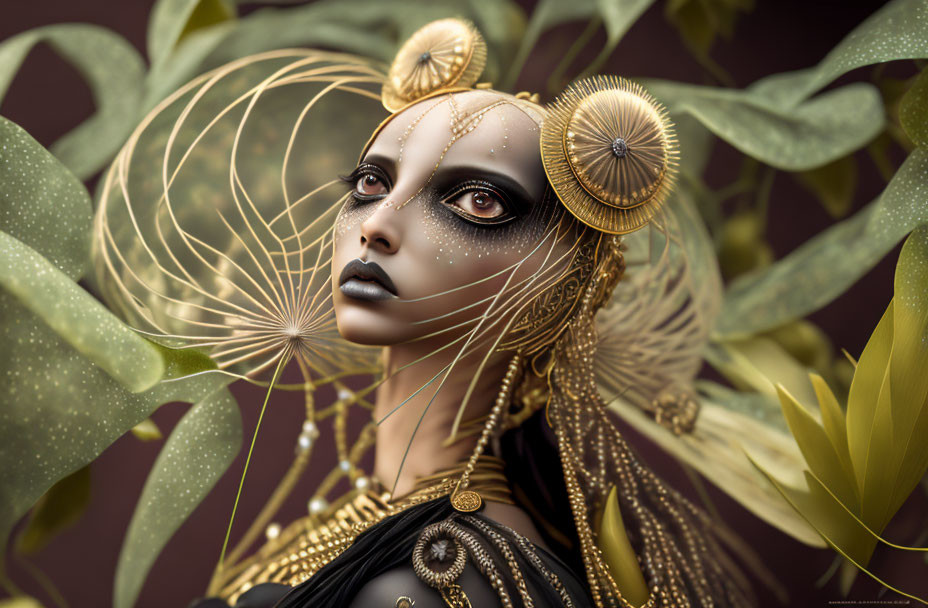 Woman with Golden Ornate Headdress in Mystical Green Foliage