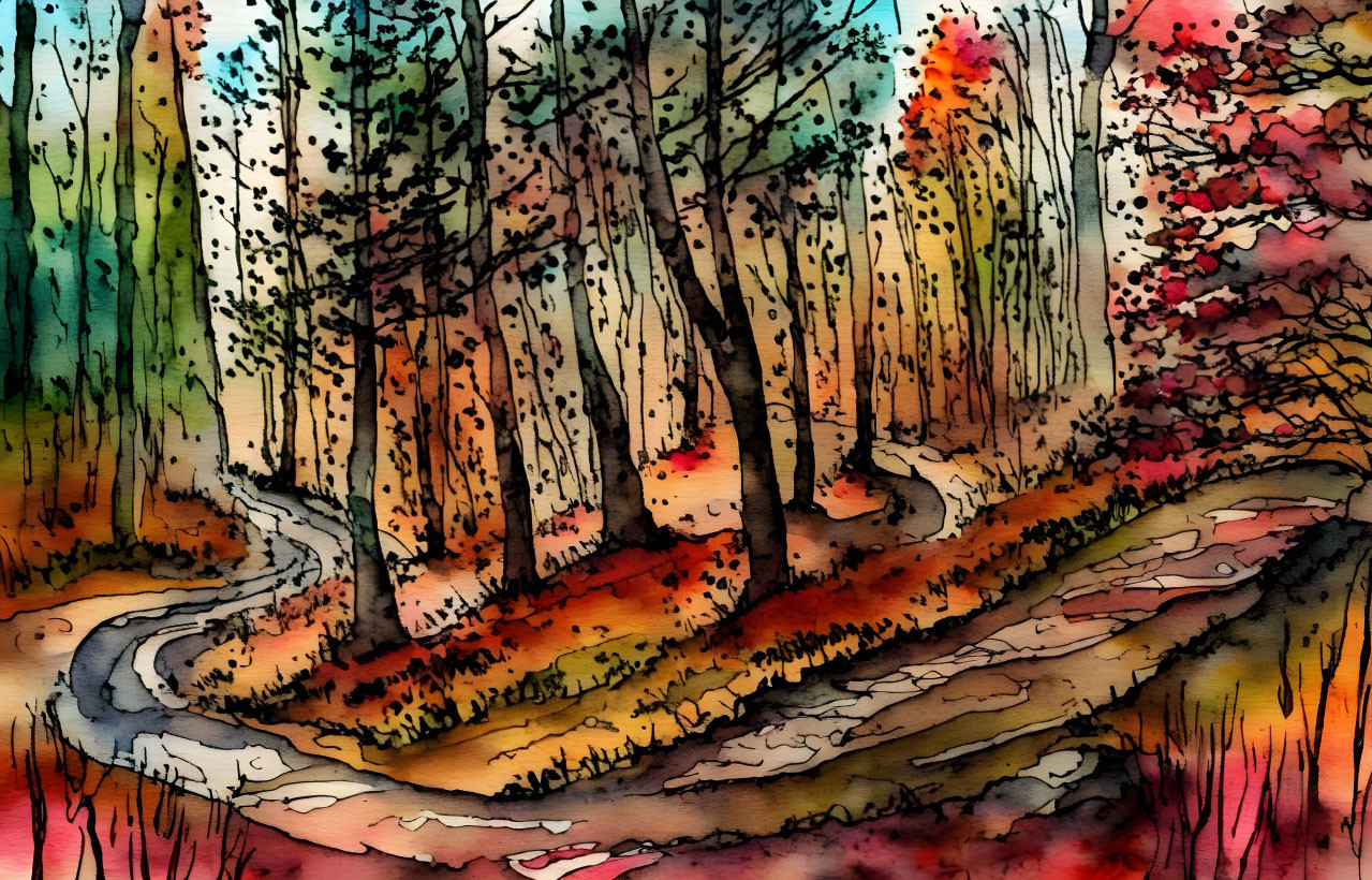 Colorful autumnal forest watercolor painting with winding path