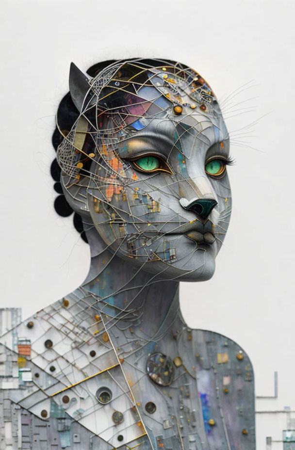 Futuristic digital artwork of mechanical feline humanoid.