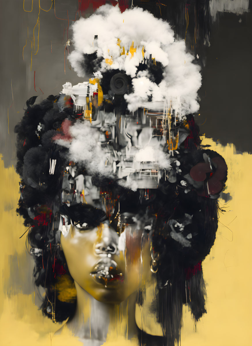 Layered abstract portrait with cloud-like head and black-gold backdrop.