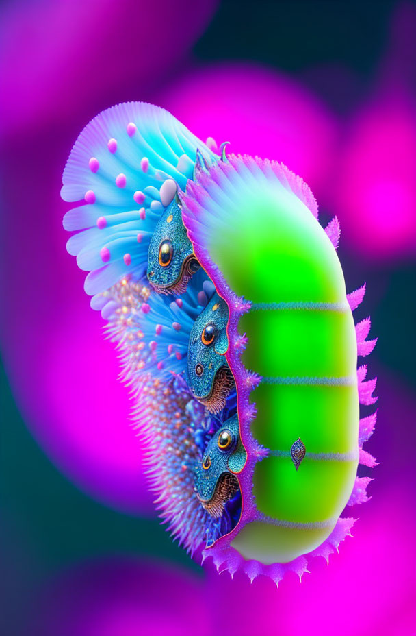 Colorful surreal creature with blue eyes on purple background