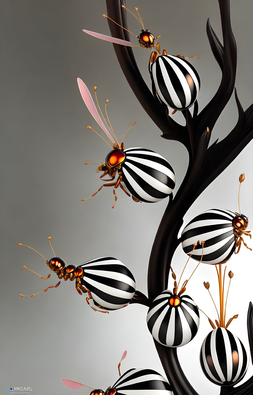 Abstract surreal art: black and white spherical insects with thin wings and orange antennae around a dark branching