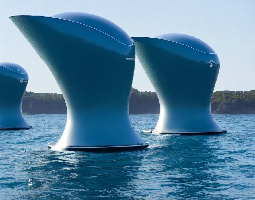 Large Fin-like Sculptures Emerging from Ocean Against Blue Sky