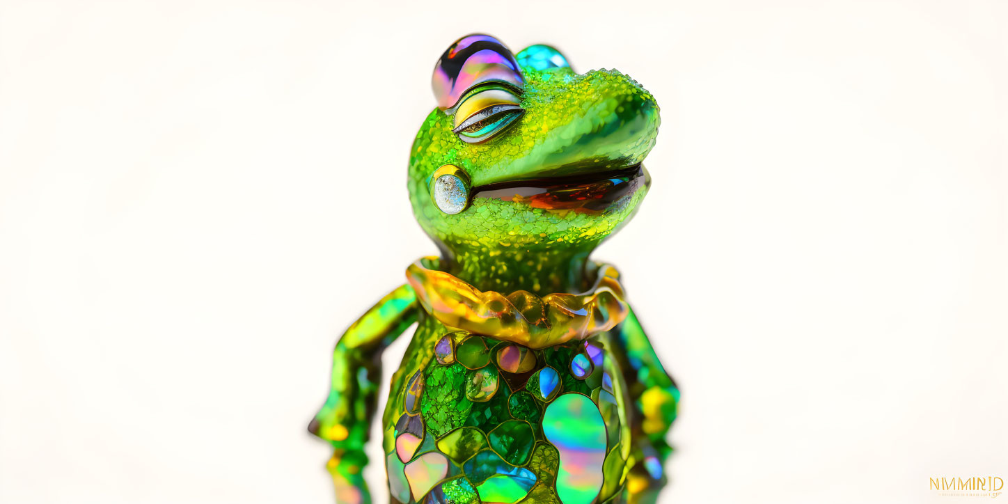 Colorful iridescent gecko sculpture with diamond eye and cheerful posture