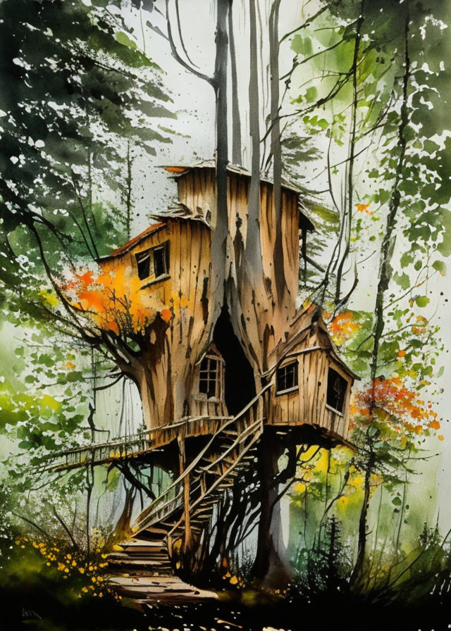 Rustic treehouse in watercolor with autumn foliage