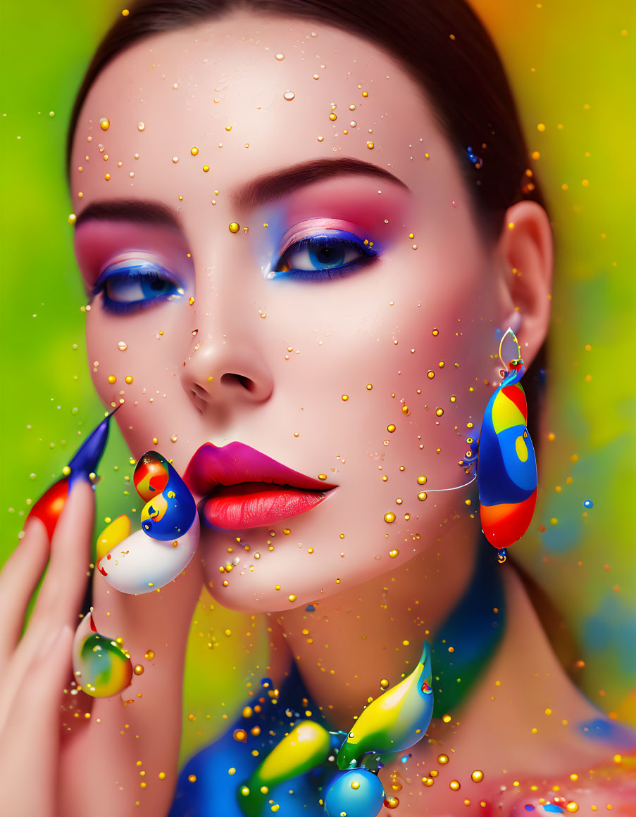 Colorful makeup woman with water droplets, vibrant earrings on green background