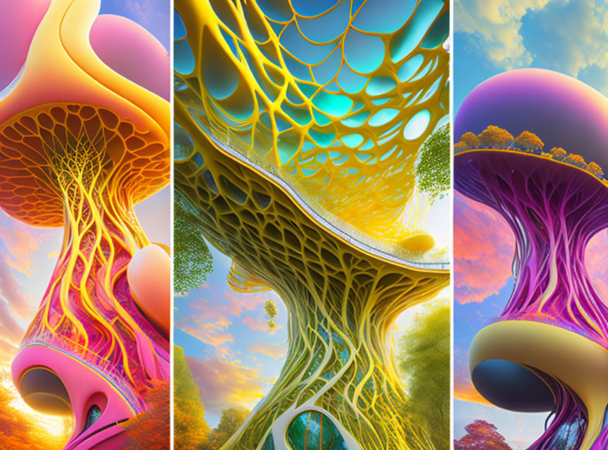 Vibrant fantastical tree-like structures under colorful sky