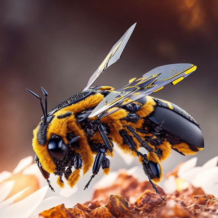 Intricate robotic bee with realistic yellow and black exterior on plant