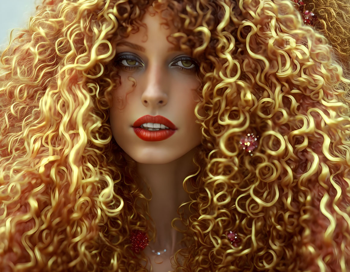 Voluminous Curly Red Hair & Sparkling Jewelry on Woman Portrait