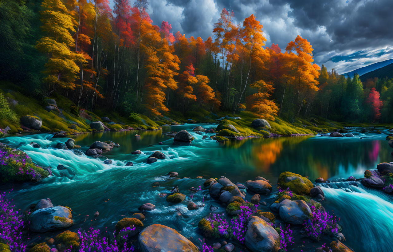 Tranquil river with vibrant autumn foliage and purple flowers