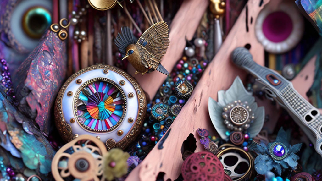 Steampunk-themed image with mechanical birds, colorful gears, cogs, and iridescent textures