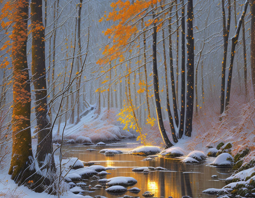 Snow-covered winter forest with orange leaves and small stream