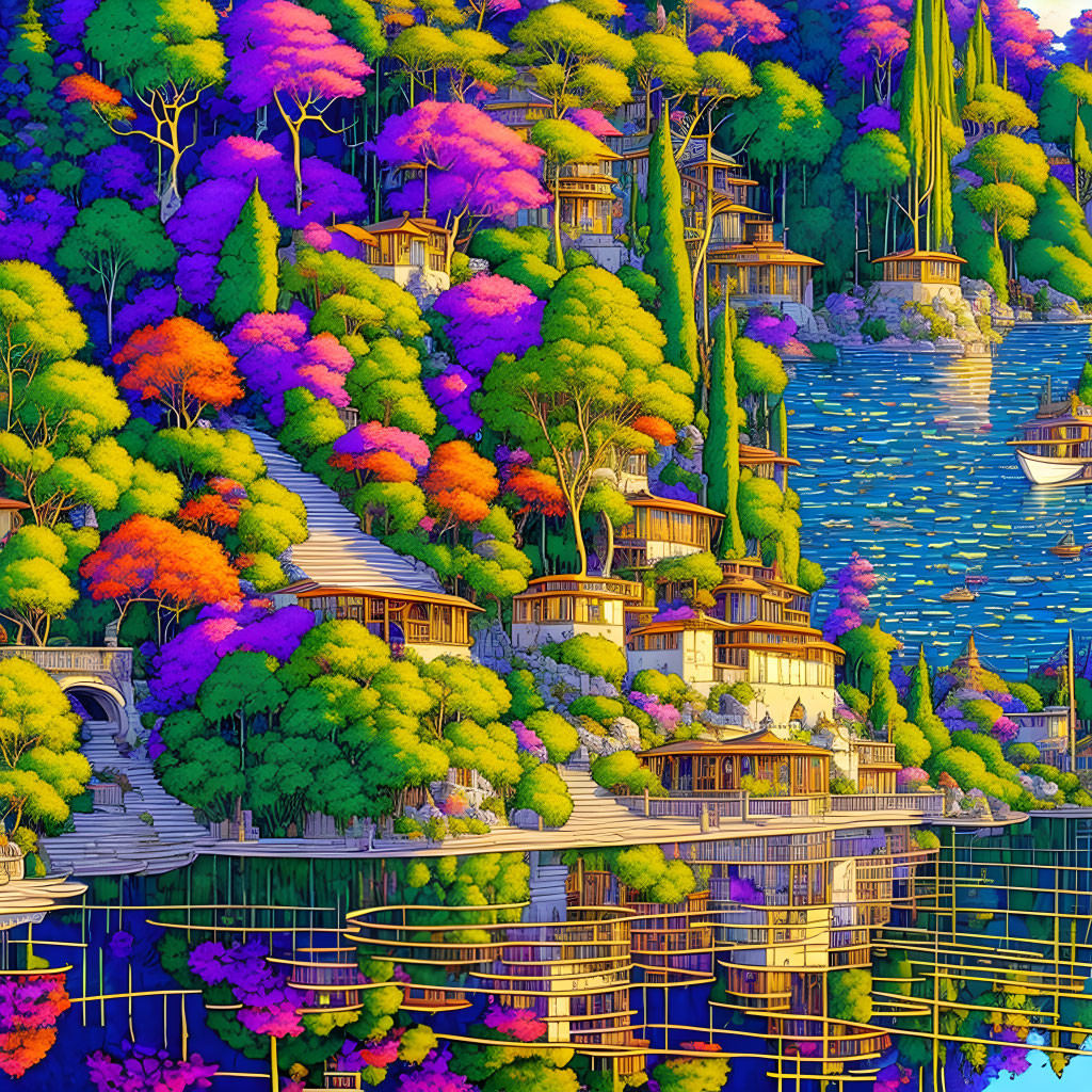 Colorful illustration of fantastical hillside village by the sea