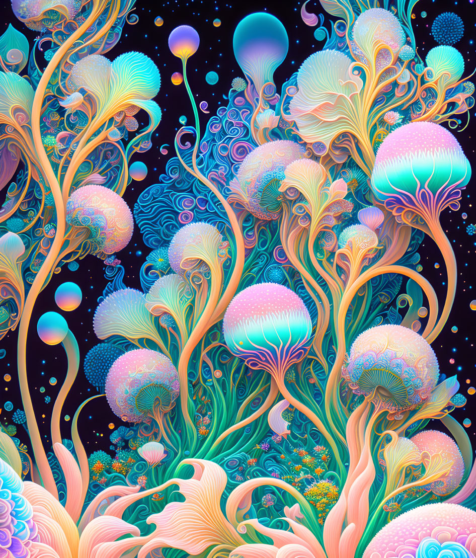 Colorful Digital Artwork of Underwater Jellyfish and Coral Scene