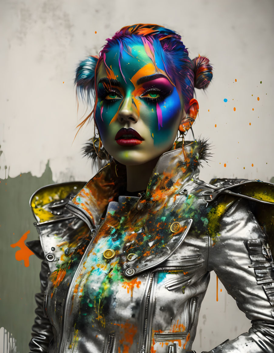 Colorful Makeup and Paint Splashes on Woman's Face and Jacket