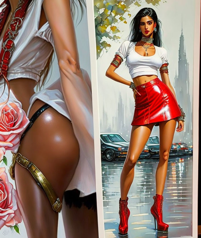 Stylized illustration of woman in white crop top and red miniskirt on city street