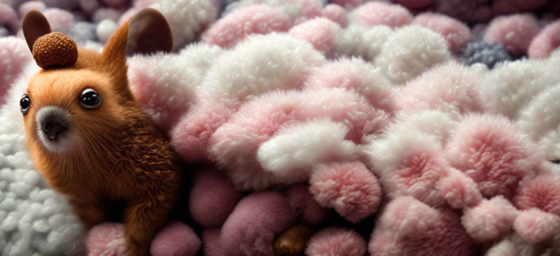 Small Brown Squirrel-Like Creature in Fluffy Pink and White Landscape