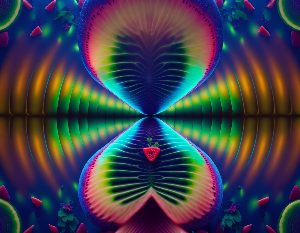 Vibrant symmetrical digital artwork with neon-like patterns and abstract peacock motif.