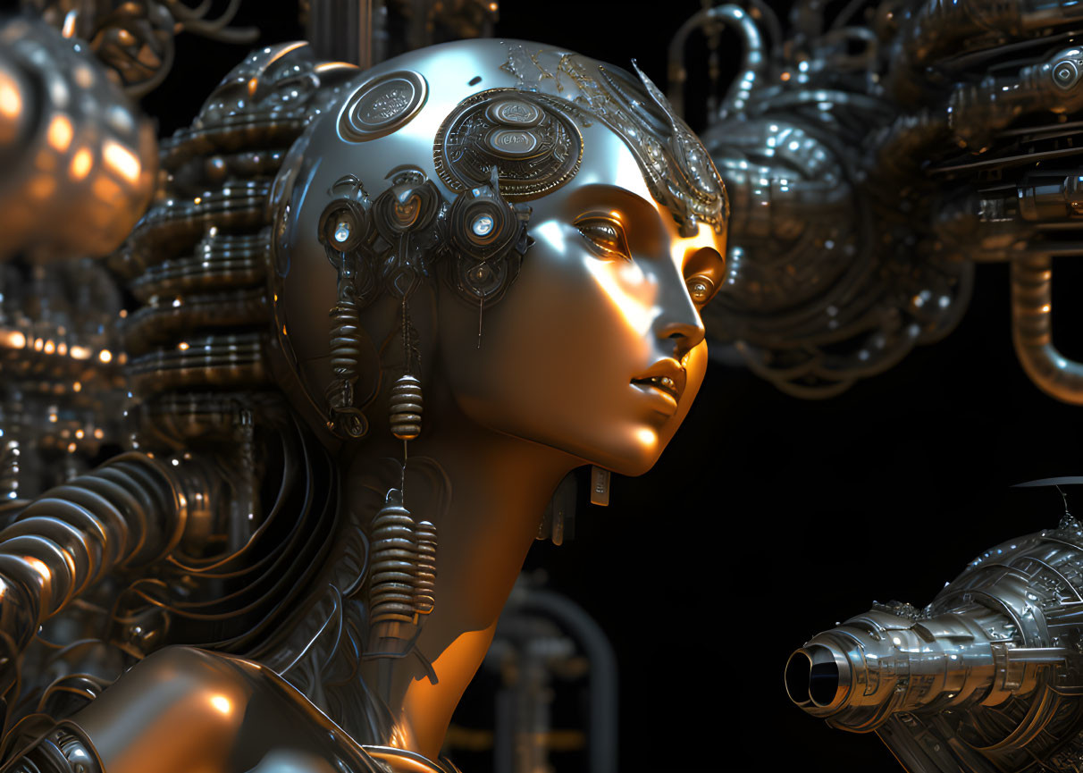 Hyper-realistic female android head with intricate mechanical parts and golden surfaces