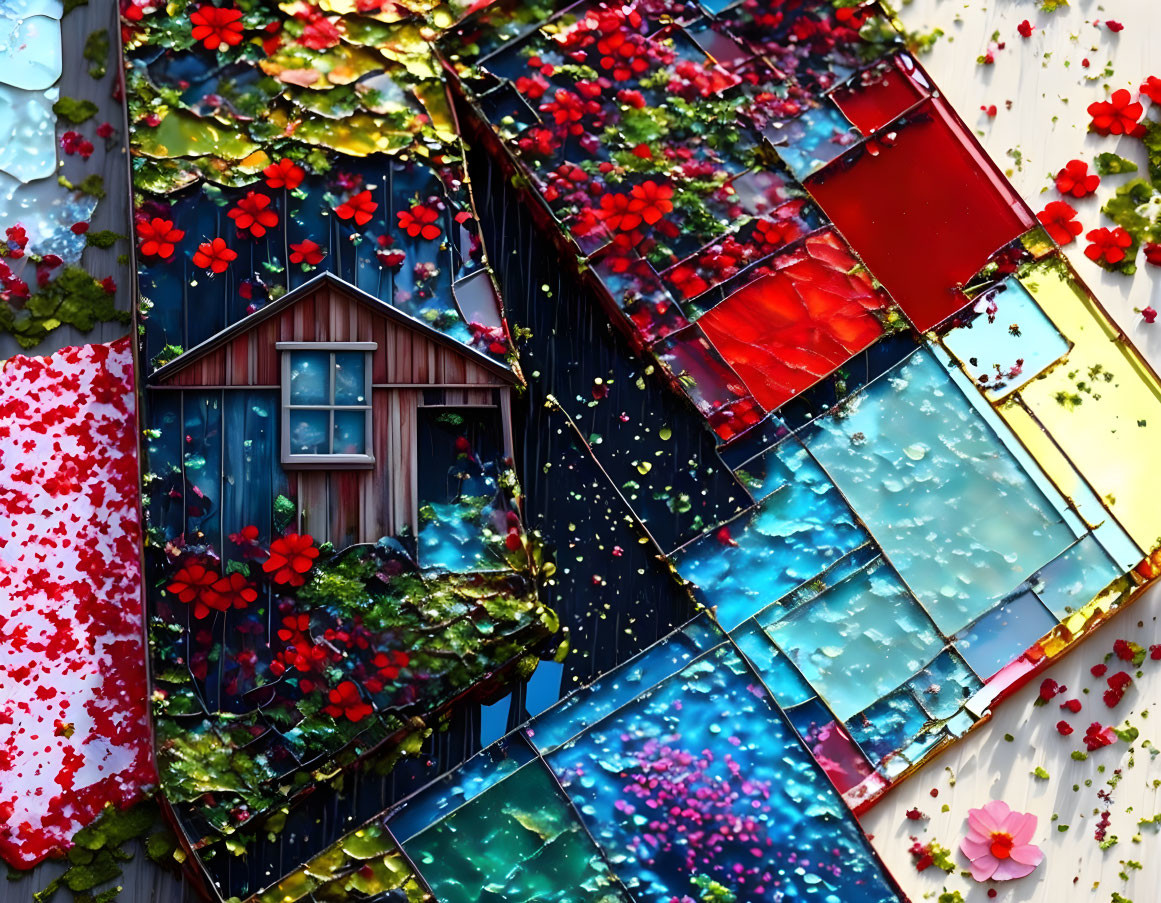 Colorful Whimsical Buildings Collage with Vibrant Flowers