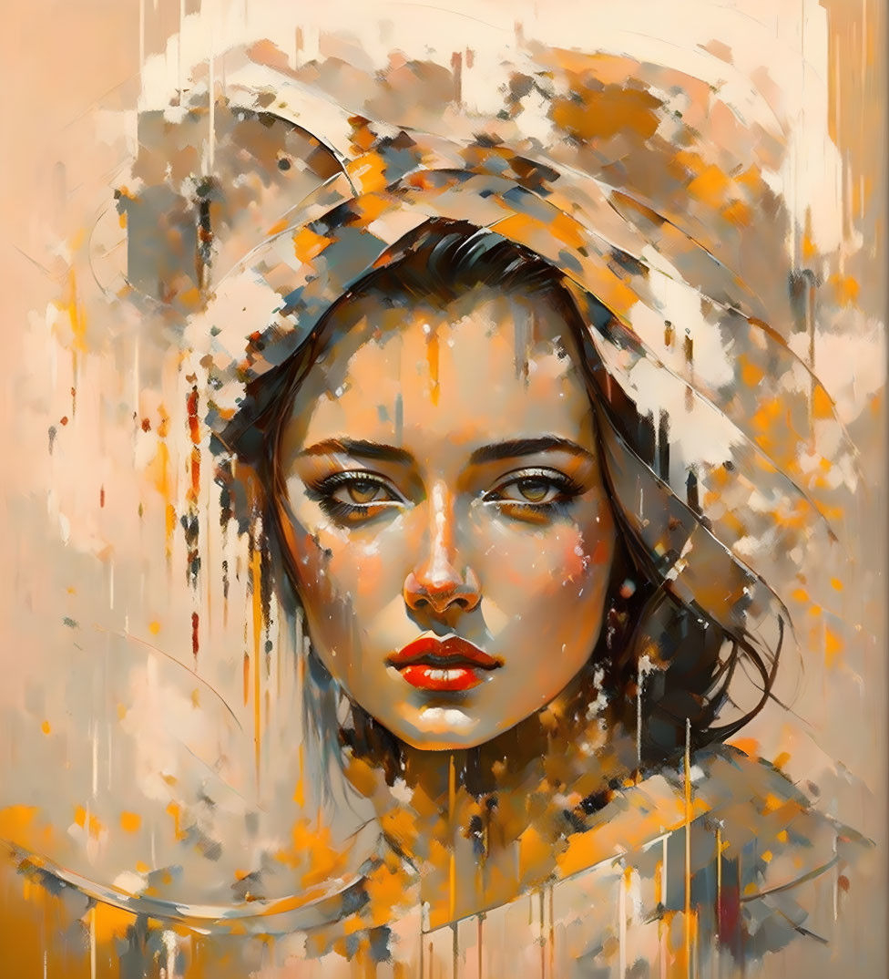 Abstract painting: Woman's face with expressive eyes, warm hues, drips, bold brushstrokes