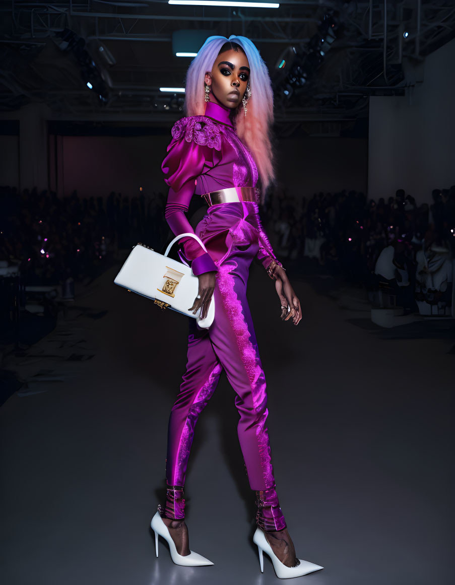 Runway model in vibrant purple outfit with frilled sleeves and high-waisted trousers