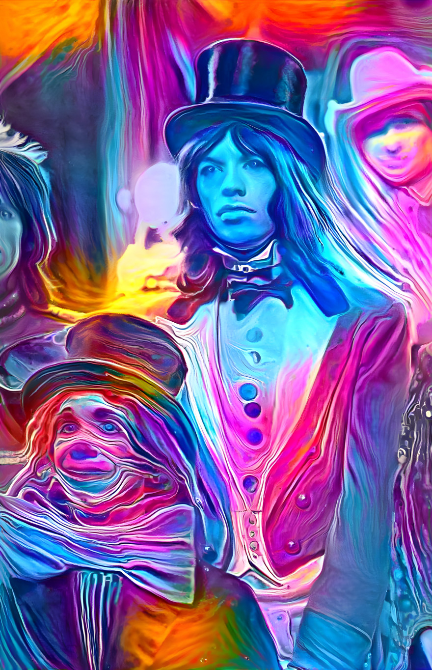 mick jagger in tophat, purple, blue, swirly paint