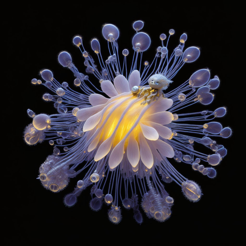 Translucent sea creatures with glowing centers and feathery tentacles on dark backdrop