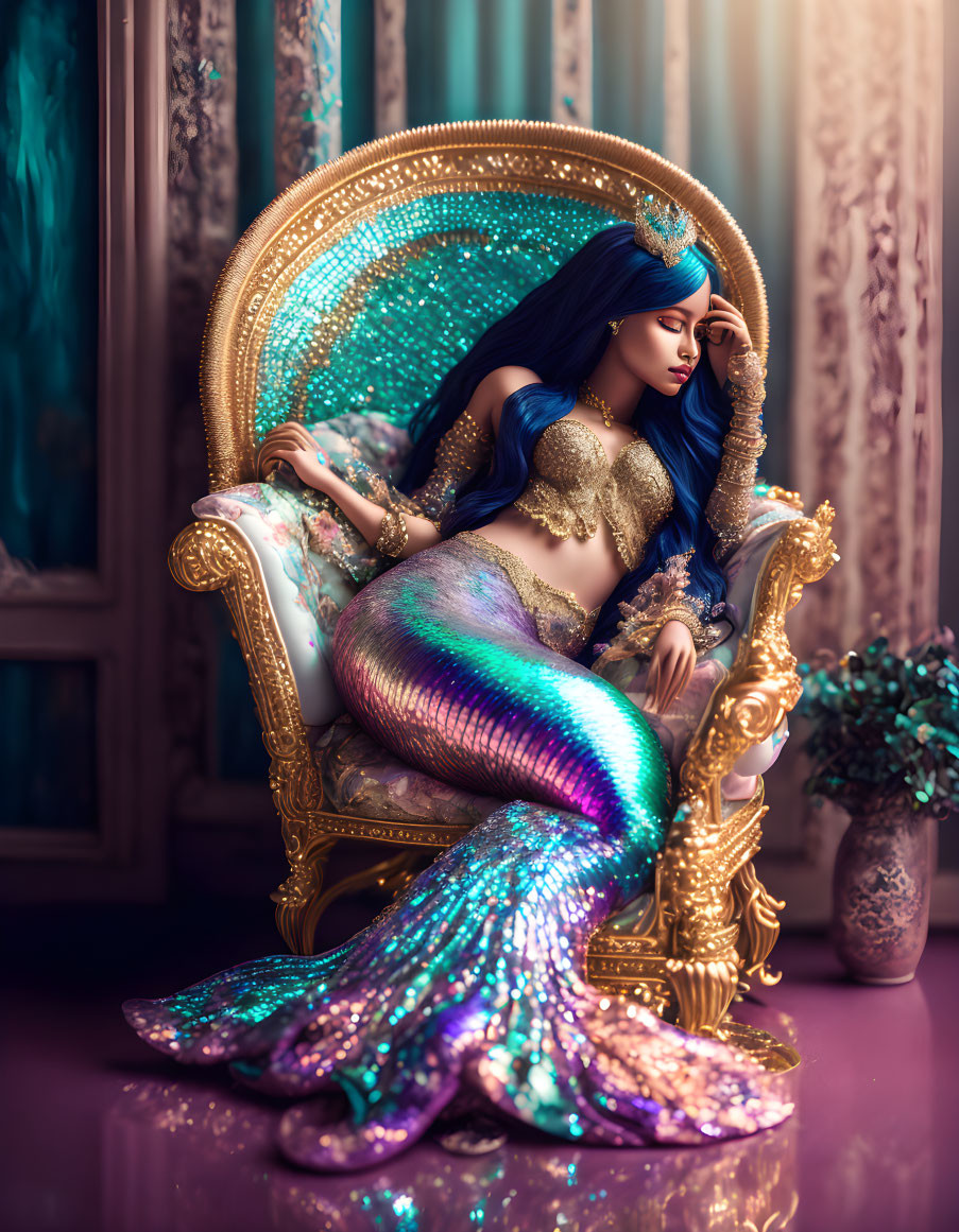 Blue-haired mermaid on golden throne with glittering tail in pensive pose against turquoise backdrop