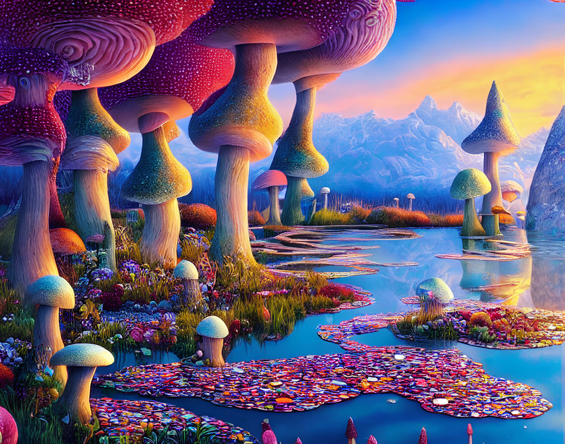 Colorful Oversized Mushrooms in Vibrant Fantasy Landscape