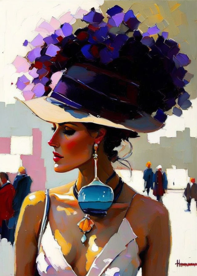 Colorful painting of stylish woman in large purple-accented hat.