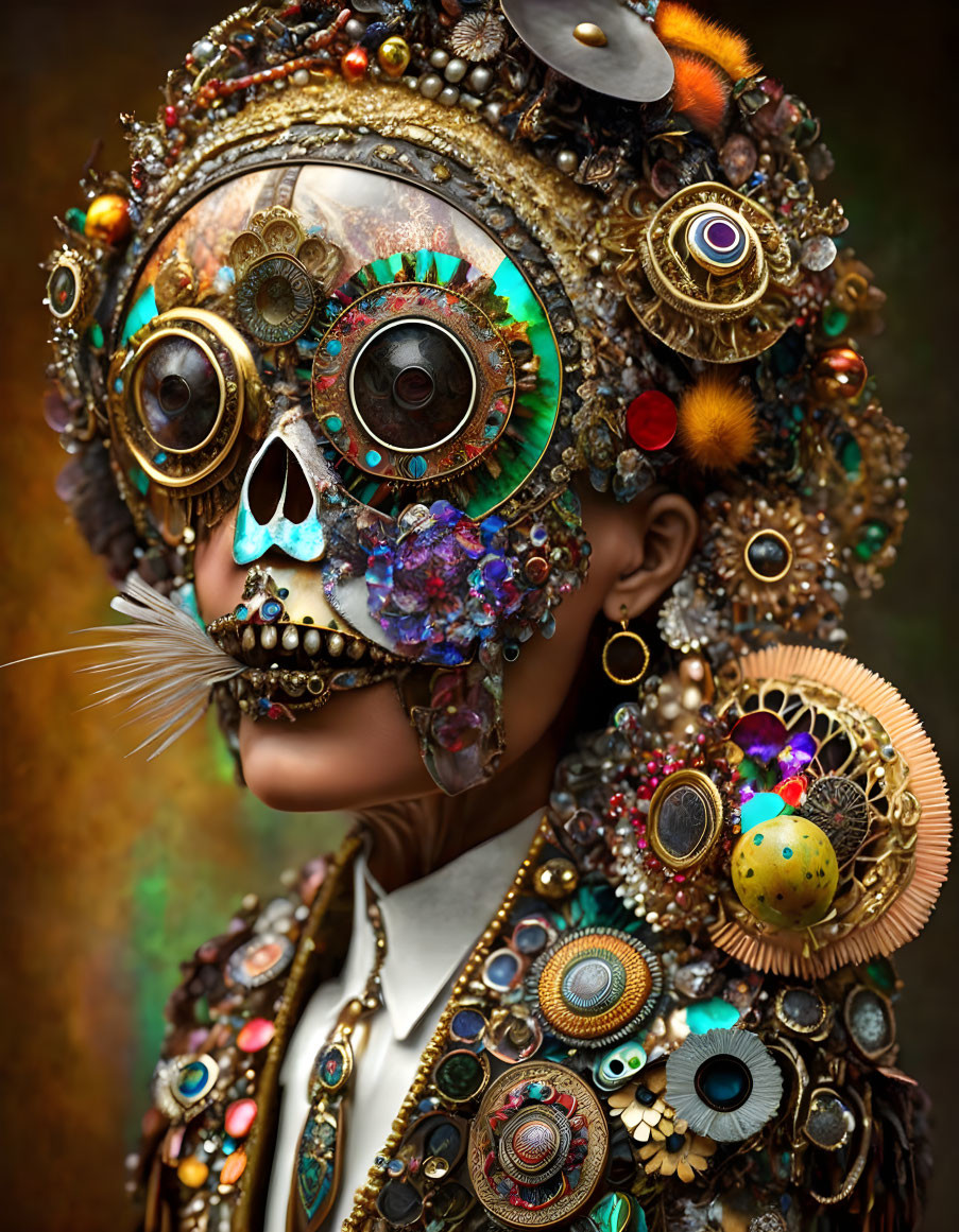 Steampunk-inspired skull with jewels and gears.