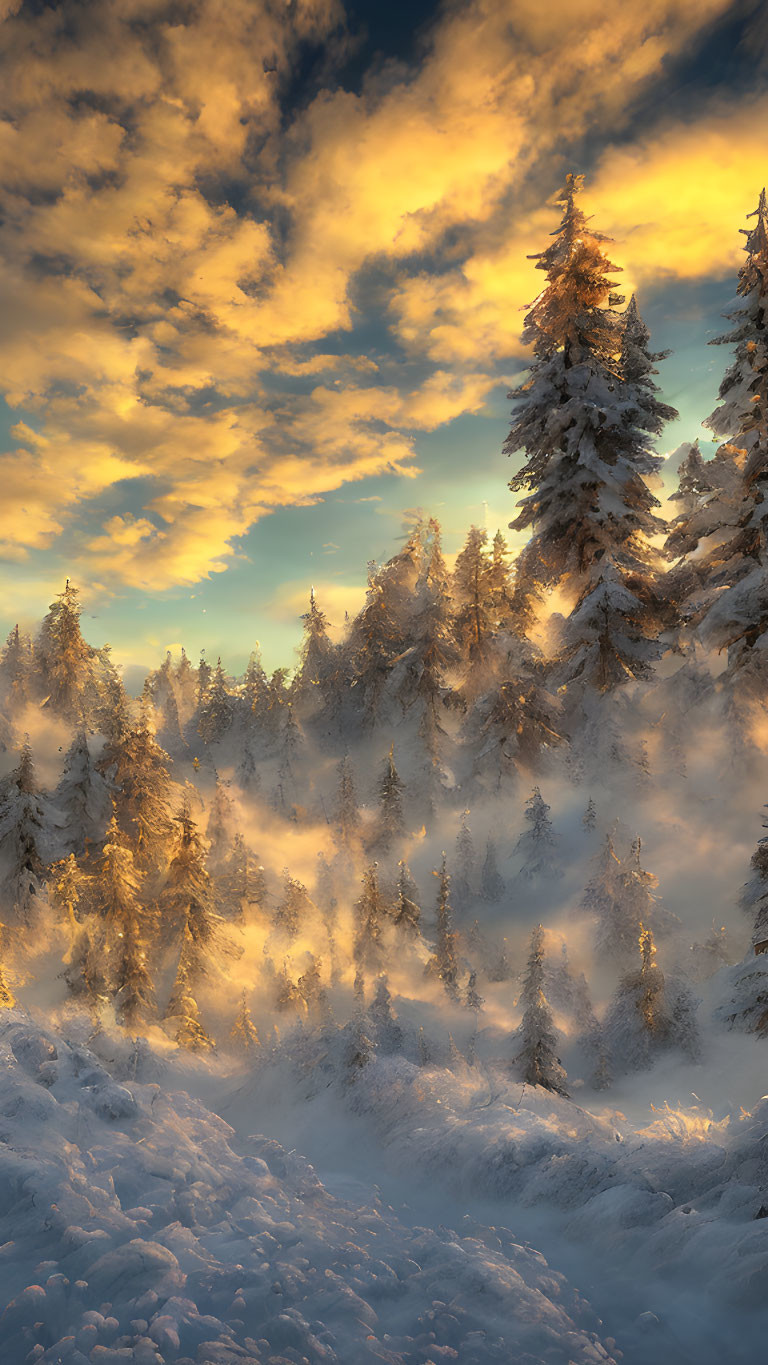 Snow-covered pine trees in golden sunlight amidst swirling mist: Ethereal winter landscape