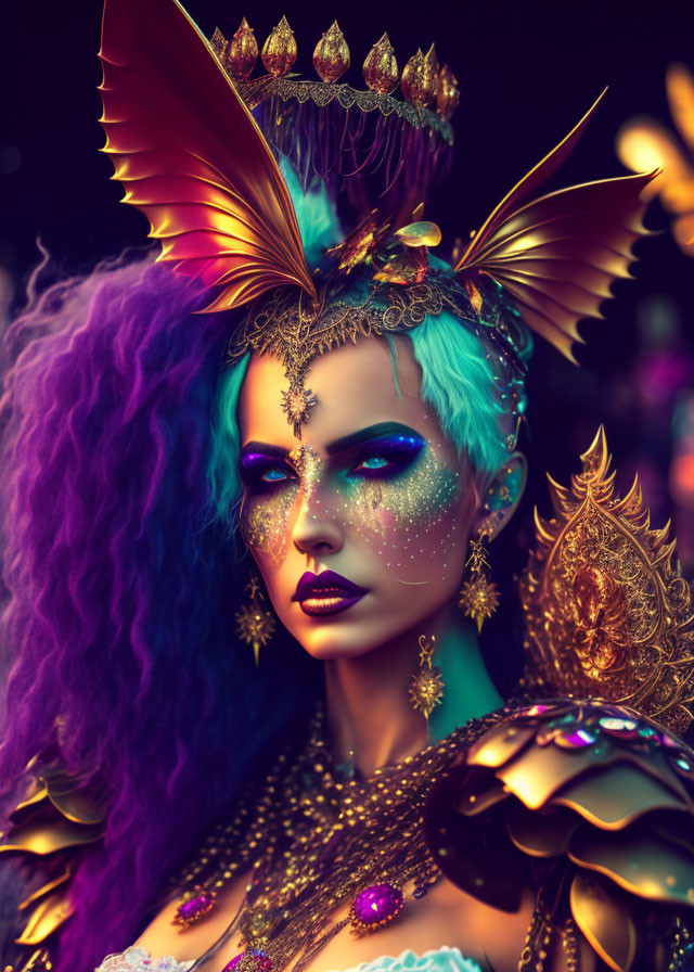 Vivid fantasy art of woman with violet and blue hair and ornate golden accessories