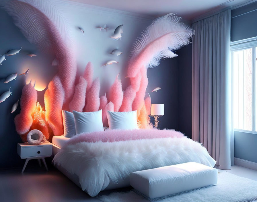 Pink and white art installation in bedroom with bird decorations on blue wall