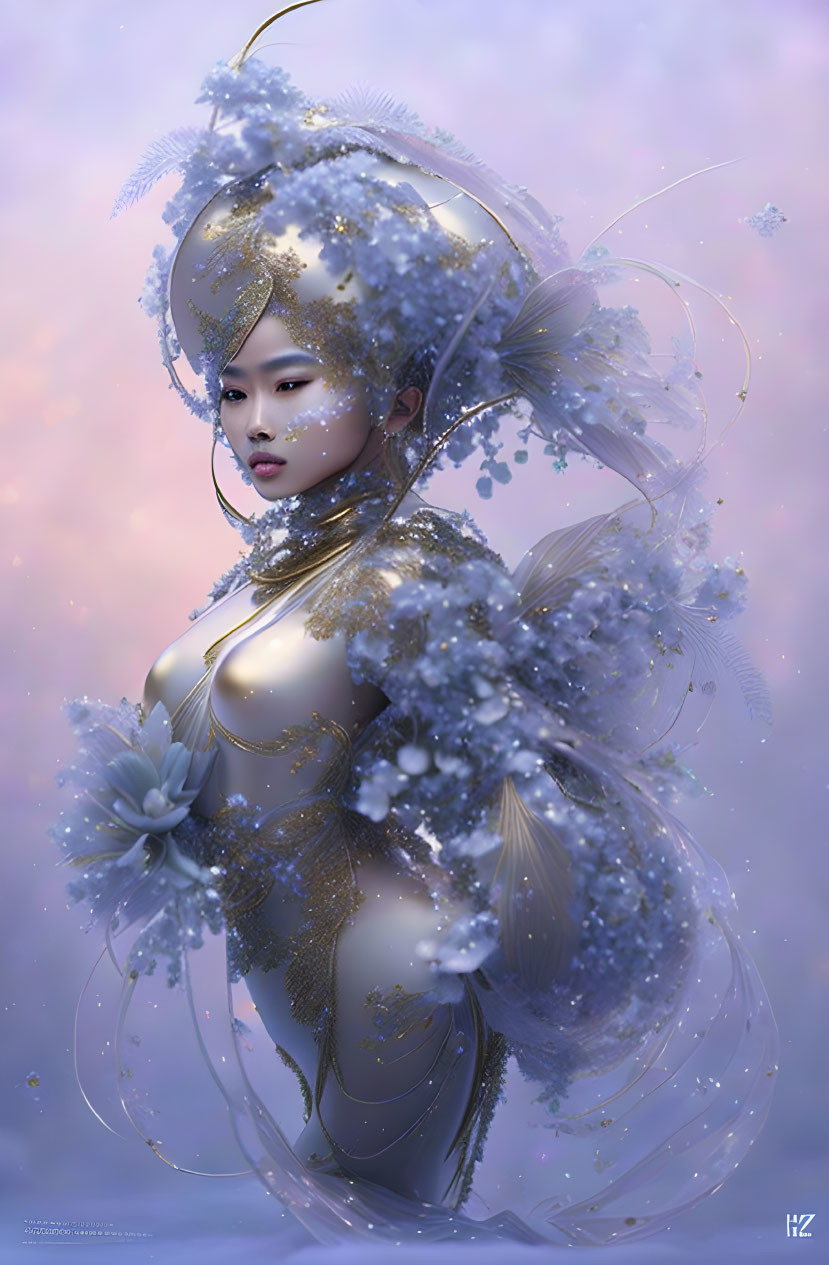 Ethereal figure with golden headdress in shimmering light