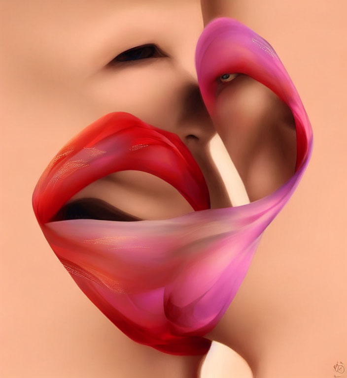 Abstract pink and red lips in woman's face artwork
