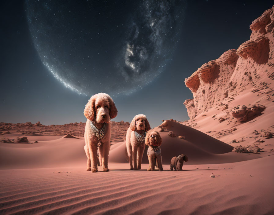 Three poodles under twilight sky with large moon on sandy desert