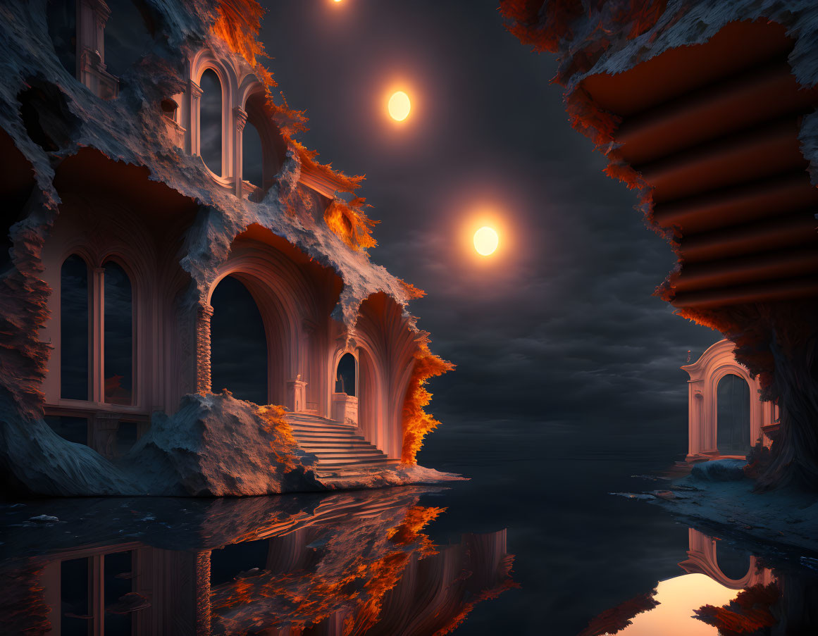 Fantasy landscape featuring gothic architecture, red cliffs, multiple suns in the sky, and reflective