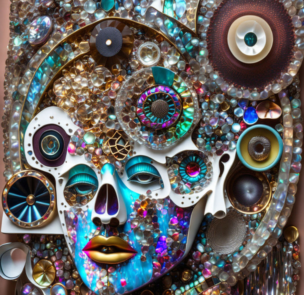 Colorful mosaic face with jewels, beads, and buttons in vibrant hues