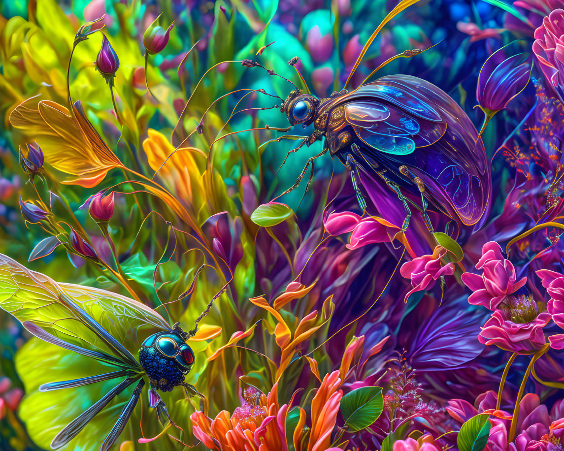 Colorful digital artwork featuring iridescent insects in a fantastical floral landscape