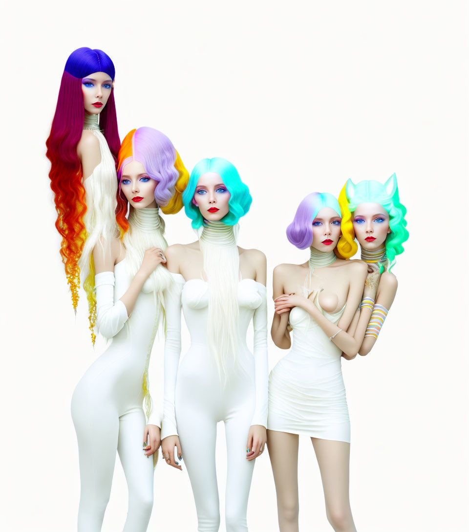 Five female models with colorful hairstyles in white outfits showcase futuristic fantasy style on white background.