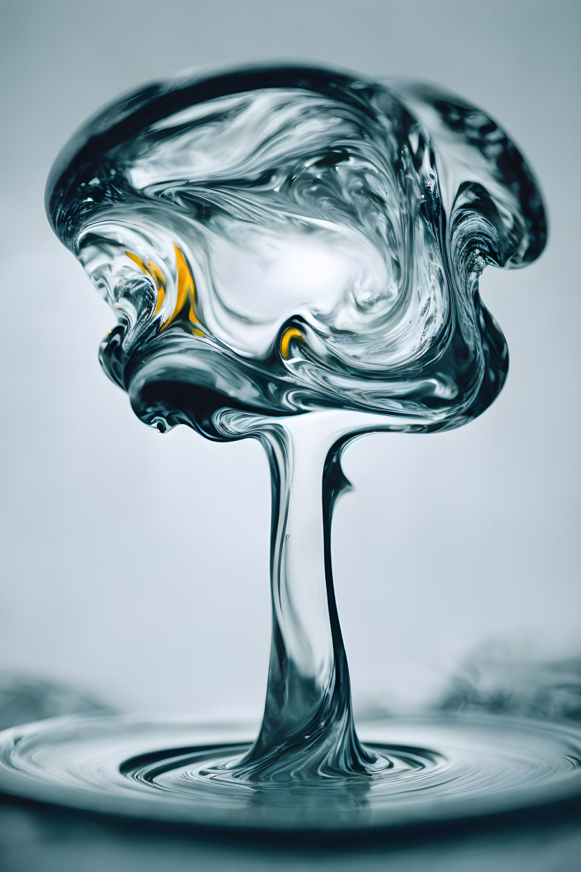 Macro photograph of swirling yellow liquid sculpture on water surface