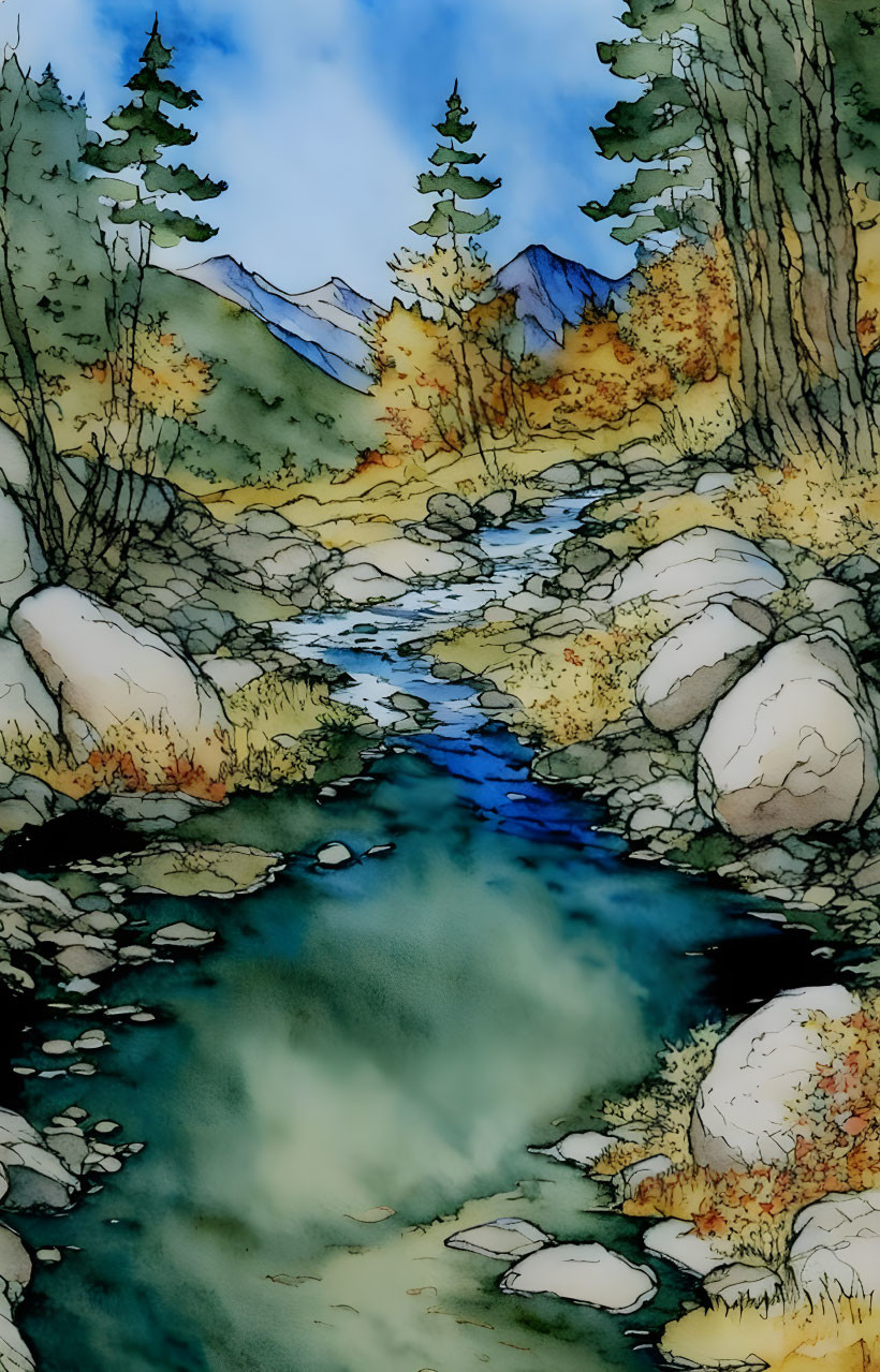 Mountain Stream Watercolor Illustration with Autumnal Foliage and Pine Trees